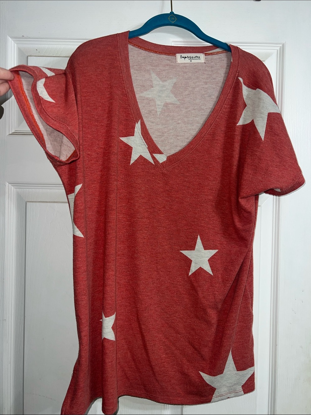 Impressions Coral-Red Star V-Neck Tee